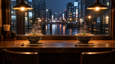 夜の定食屋の窓際カウンターに並ぶ湯気の立つ2つの丼と箸、奥に雨にぬれた窓と街の灯り