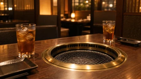 夜の焼き肉店のテーブルと網、2つのグラス
