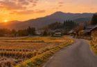 秋の夕方、山あいの集落を抜けて続く道路