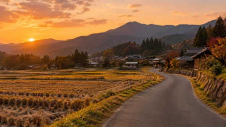 秋の夕方、山あいの集落を抜けて続く道路