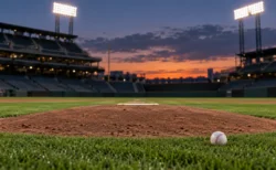 ナイター照明に照らされた野球場のピッチャーマウンドと硬式球のイメージ