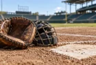 野球場のホームベース脇に置かれたキャッチャーミットとマスク