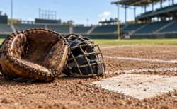 野球場のホームベース脇に置かれたキャッチャーミットとマスク
