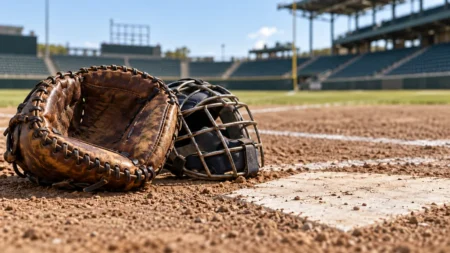 野球場のホームベース脇に置かれたキャッチャーミットとマスク