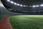 ナイター照明に照らされたドーム球場の、試合前の誰もいない外野グラウンドとフェンスのイメージ