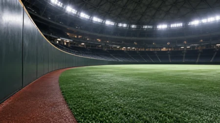 ナイター照明に照らされたドーム球場の、試合前の誰もいない外野グラウンドとフェンスのイメージ
