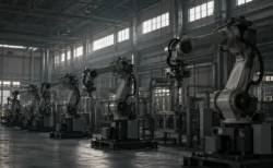 照明を落とした静かな工場に並ぶ、停止した産業用ロボットアーム