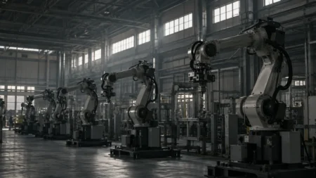照明を落とした静かな工場に並ぶ、停止した産業用ロボットアーム