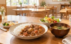 木のテーブルに並んだ湯気の立つ家庭料理と取り皿