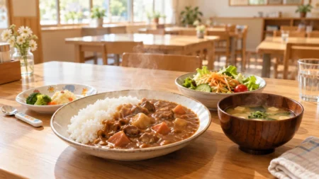 木のテーブルに並んだ湯気の立つ家庭料理と取り皿