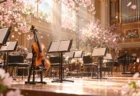 朝の光が差し込むコンサートホールのステージに置かれた譜面台とバイオリン、舞う桜の花びら