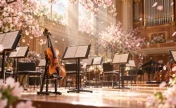 朝の光が差し込むコンサートホールのステージに置かれた譜面台とバイオリン、舞う桜の花びら
