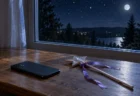 夜の窓辺に置かれたスマートフォンと魔法の杖のような小物