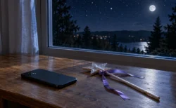 夜の窓辺に置かれたスマートフォンと魔法の杖のような小物