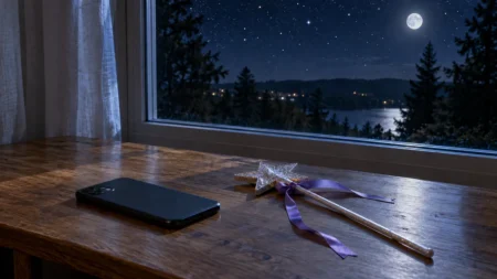 夜の窓辺に置かれたスマートフォンと魔法の杖のような小物