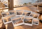木のテーブルに並んだ何枚ものインスタント写真と、窓から差す秋の光