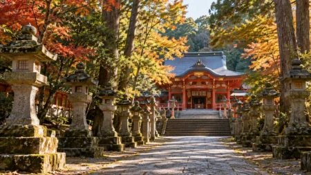 秋の神社の朱色の社殿と参道に並ぶ石灯籠