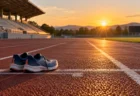 朝日が差し込む無人の陸上トラックのスタートライン付近に置かれたランニングシューズ