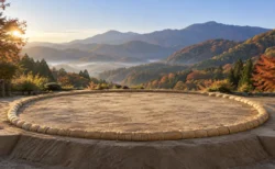 秋の山並みを背にした屋外の仮設土俵