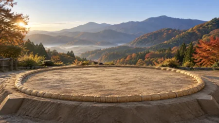 秋の山並みを背にした屋外の仮設土俵