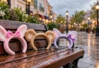 雨上がりのテーマパークのベンチに置かれた3つのカチューシャ