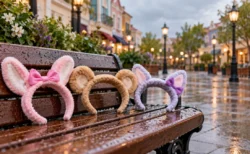 雨上がりのテーマパークのベンチに置かれた3つのカチューシャ