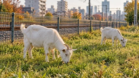 線路脇の柵沿いの草地で草を食べる白いヤギ2頭