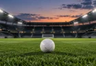 夕暮れのスタジアムで照明に照らされた芝生のピッチ中央に置かれたサッカーボール