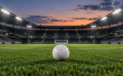 夕暮れのスタジアムで照明に照らされた芝生のピッチ中央に置かれたサッカーボール