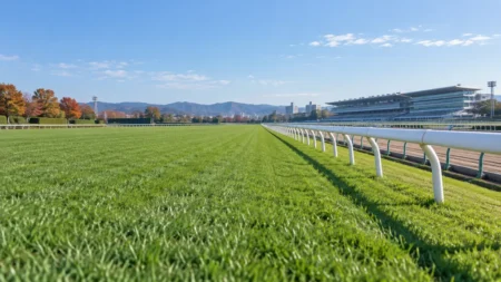 晴れた秋の日の競馬場の芝コースと白い外ラチ