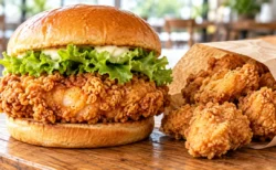 木のテーブルに置かれたフライドチキンを挟んだハンバーガー