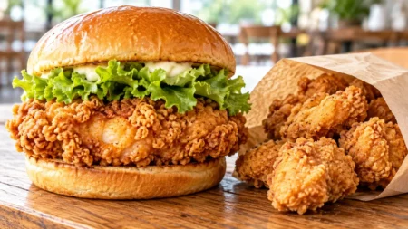 木のテーブルに置かれたフライドチキンを挟んだハンバーガー