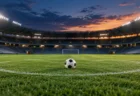 夕暮れのサッカースタジアムのピッチ中央に置かれたボール