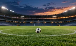 夕暮れのサッカースタジアムのピッチ中央に置かれたボール