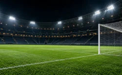 照明に照らされた夜のサッカースタジアムとゴール