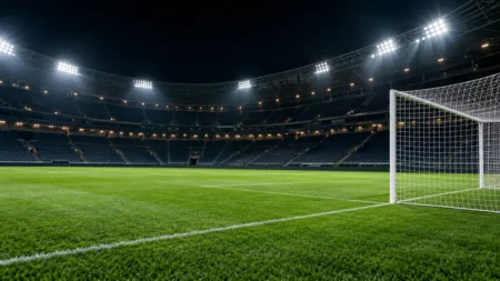 照明に照らされた夜のサッカースタジアムとゴール